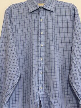 Michael Kors Dress Shirt Men 15.5 34/35 Blue Check 100% Cotton Button Down